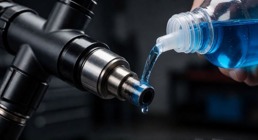 mejor producto para limpiar inyectores gasolina, Vista detallada de un inyector de gasolina con depósitos de carbono siendo tratado con aditivo limpiador