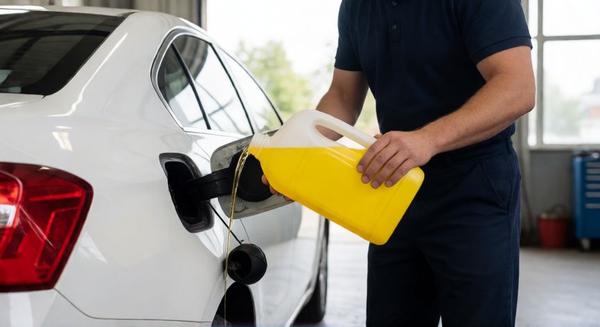 mejor producto para limpiar inyectores gasolina, Mecánico añadiendo aditivo limpiador de inyectores al depósito de combustible de un coche