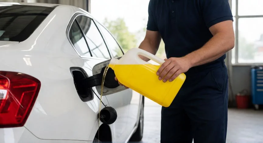 mejor producto para limpiar inyectores gasolina, Mecánico añadiendo aditivo limpiador de inyectores al depósito de combustible de un coche