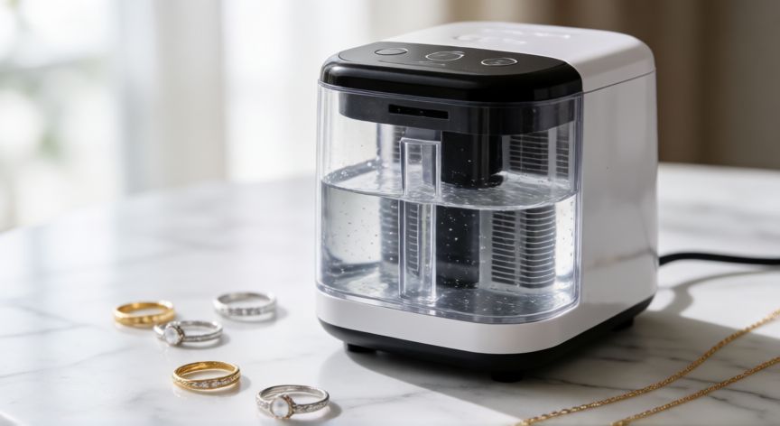 mejor producto para limpiar joyas, Limpiador ultrasónico portátil con joyas de oro y plata listas para ser limpiadas sobre una superficie de mármol