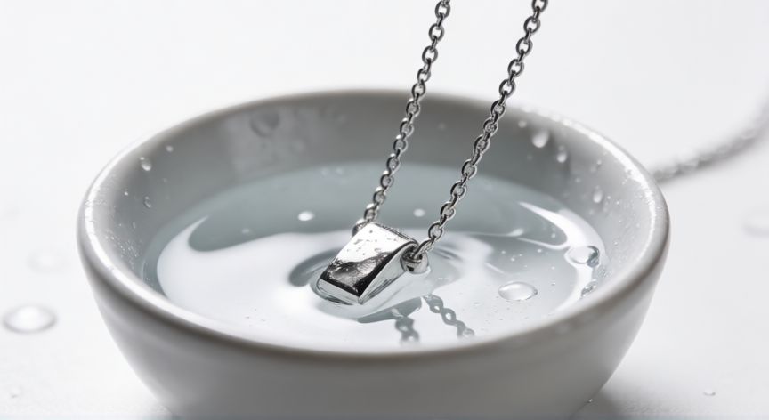 mejor producto para limpiar joyas de plata, Collar de plata sumergido en solución limpiadora