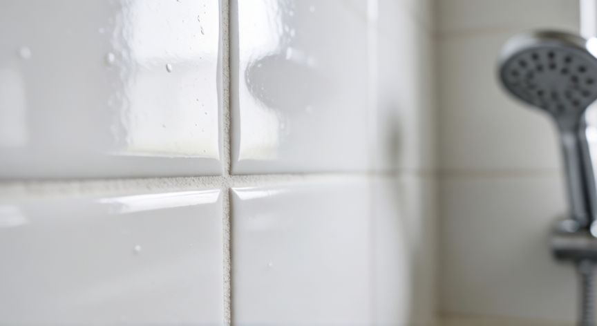mejor producto para limpiar juntas, Detalle de juntas de baldosas blancas limpias en un baño moderno