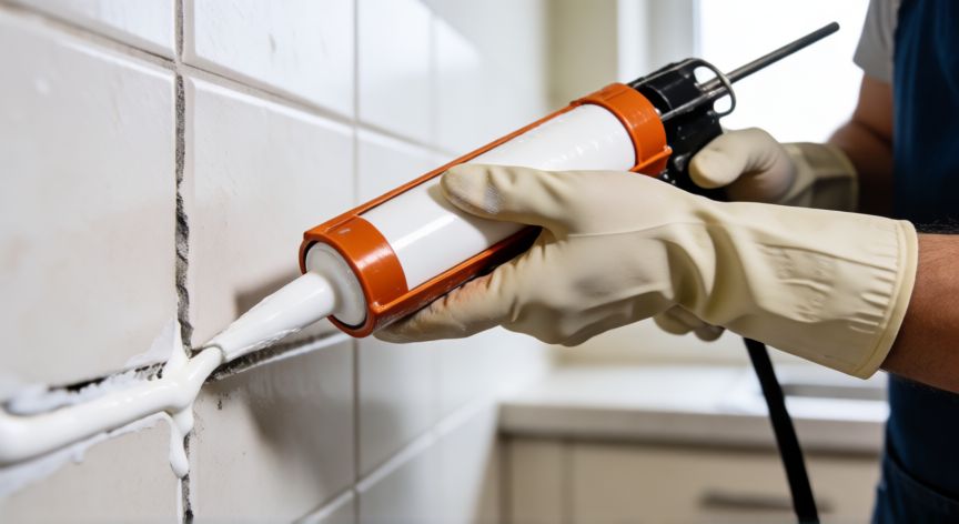 mejor producto para limpiar juntas, Persona aplicando nuevo sellante blanco en juntas de azulejos con guantes