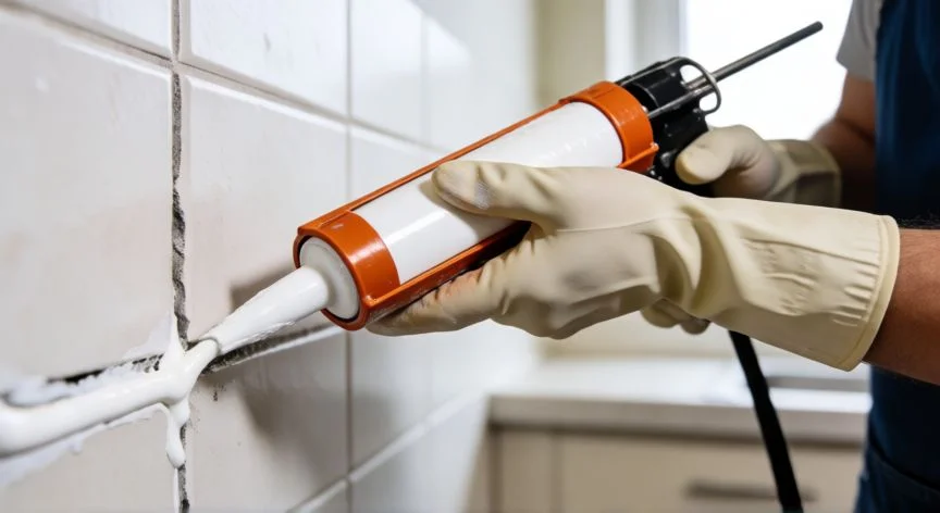 mejor producto para limpiar juntas, Persona aplicando nuevo sellante blanco en juntas de azulejos con guantes