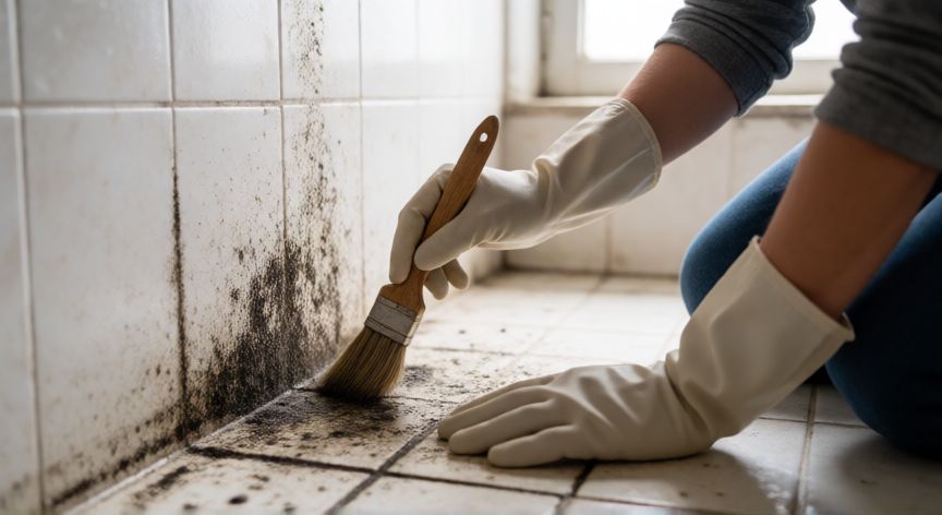 mejor producto para limpiar juntas de azulejos, Persona limpiando moho en juntas de azulejos con cepillo
