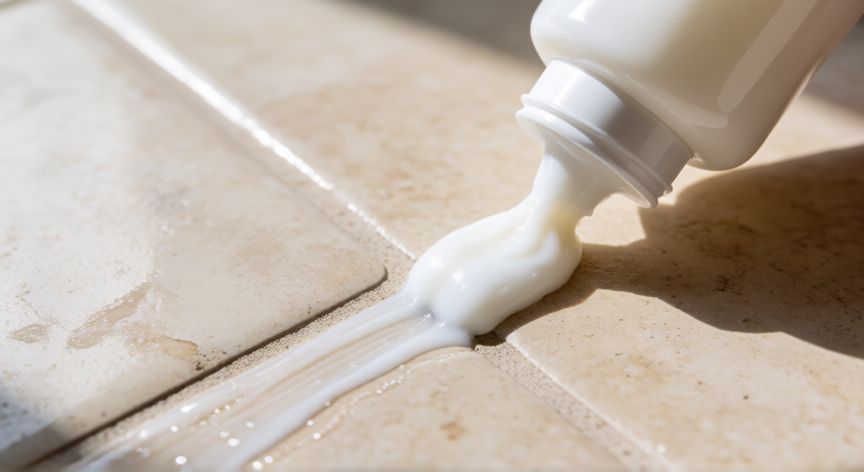 mejor producto para limpiar juntas del suelo, Aplicando limpiador en gel con oxígeno activo sobre juntas de cerámica