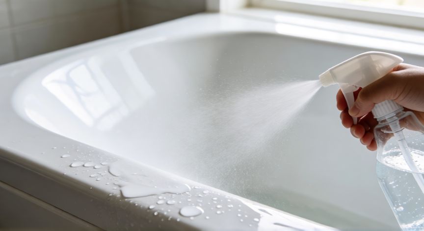 mejor producto para limpiar la bañera, Spray limpiador aplicándose sobre la superficie de una bañera blanca