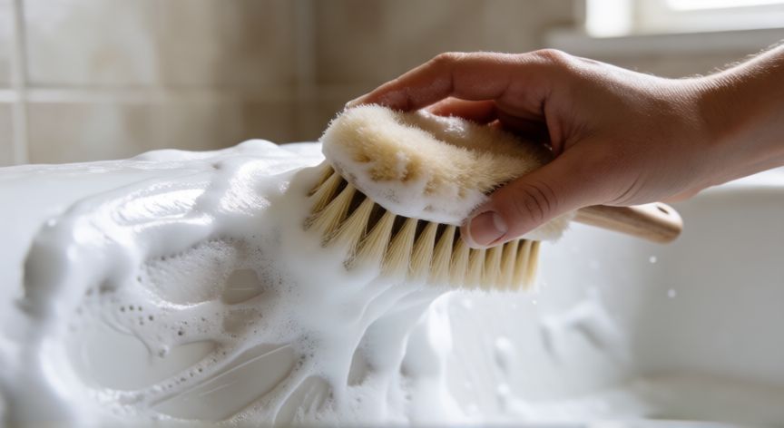 mejor producto para limpiar la bañera, Cepillado de espuma limpiadora en la pared curva de una bañera
