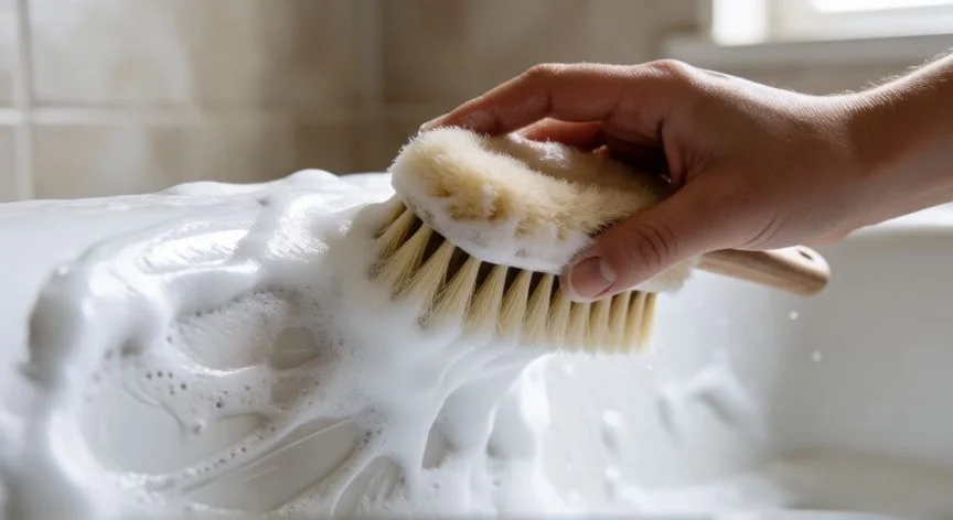 mejor producto para limpiar la bañera, Cepillado de espuma limpiadora en la pared curva de una bañera