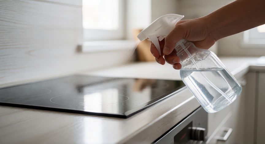 mejor producto para limpiar la cocina, Mano aplicando limpiador en superficie de cocina moderna