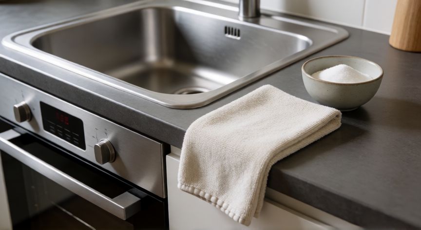 mejor producto para limpiar la cocina, Zona de fregadero limpia con paño de microfibra y bicarbonato
