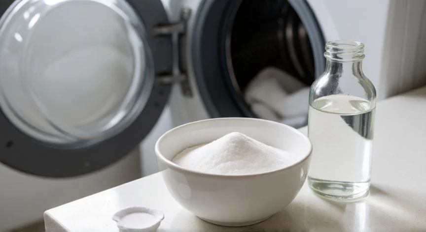 Ingredientes naturales como vinagre y bicarbonato para limpiar la lavadora