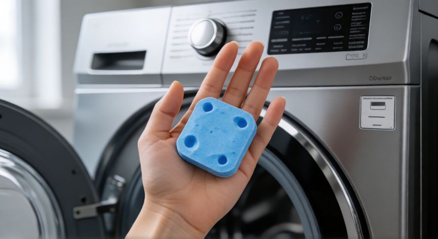 mejor producto para limpiar la lavadora, Mano sosteniendo una tableta limpiadora frente a una lavadora moderna