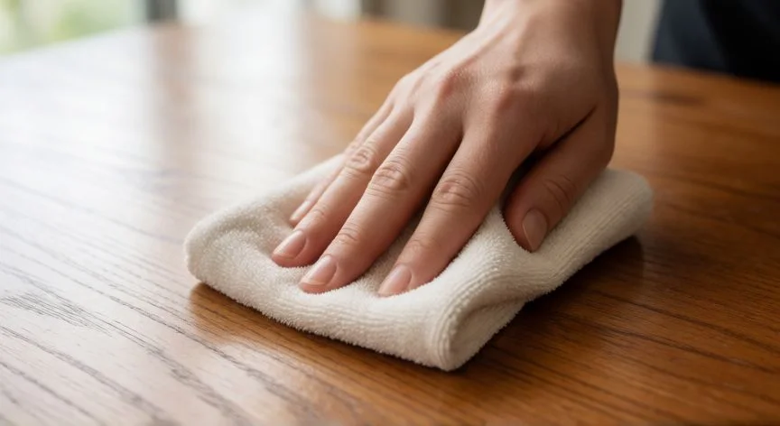 Persona limpiando mesa de madera barnizada con paño de microfibra