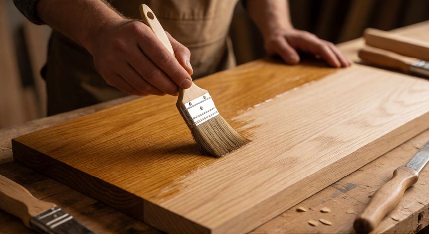 mejor producto para limpiar la madera, Aplicación de aceite para madera en tabla de roble sin barnizar