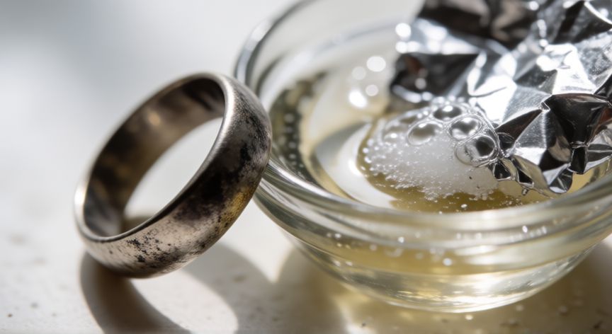 mejor producto para limpiar la plata, Anillo de plata oxidado junto a un recipiente con solución limpiadora de bicarbonato y aluminio