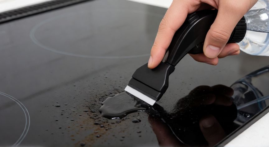 mejor producto para limpiar la vitrocerámica, Aplicando limpiador especializado con espátula en una vitrocerámica negra