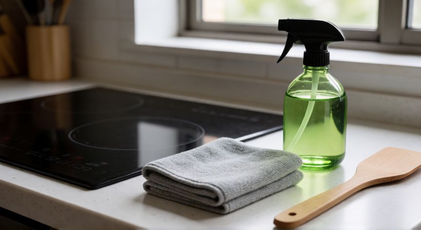 mejor producto para limpiar la vitrocerámica, Kit de limpieza con paño de microfibra y limpiador ecológico junto a una cocina