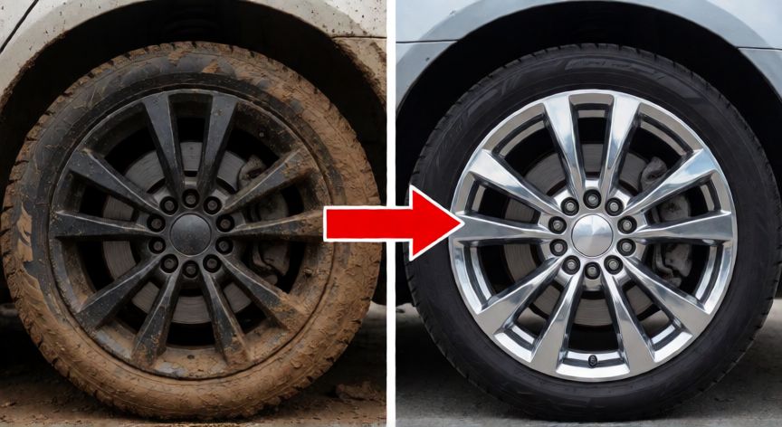 mejor producto para limpiar llantas, Comparativa visual entre una llanta sucia y otra limpia tras el tratamiento