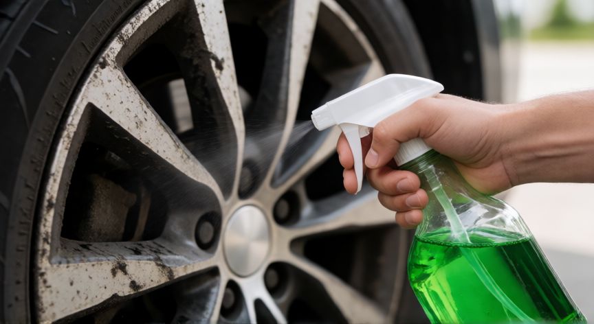 mejor producto para limpiar llantas de coche, Aplicando limpiador de llantas en gel sobre un rin de aleación sucio