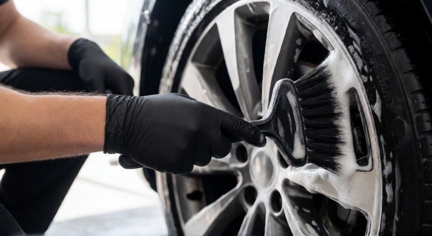 mejor producto para limpiar llantas de coche, Frotando la llanta con un cepillo específico para rines durante el lavado