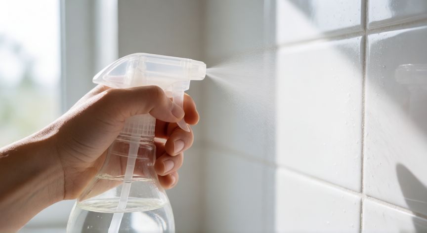 mejor producto para limpiar los azulejos del baño, Aplicando limpiador de vinagre sobre azulejos blancos del baño