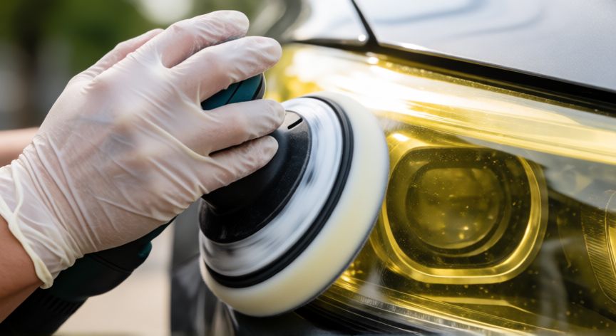 mejor producto para limpiar los faros del coche, Detalle de pulido de faros de coche con pasta abrasiva y máquina orbital
