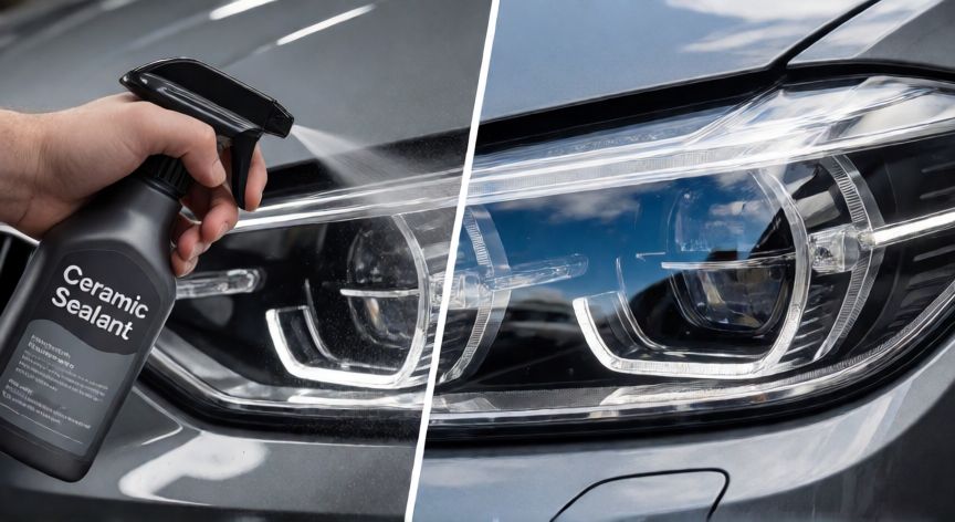mejor producto para limpiar los faros del coche, Aplicación de sellador cerámico en faros limpios y transparentes