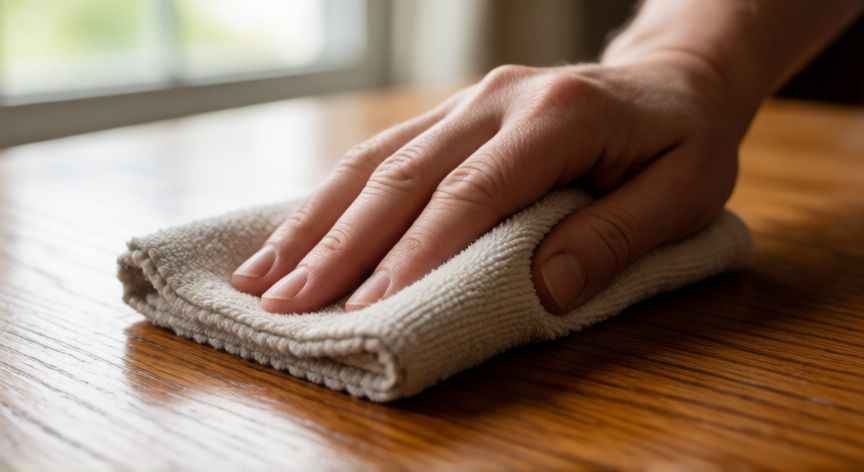 mejor producto para limpiar madera, Limpieza de mesa de madera con paño microfibra