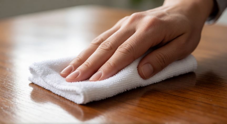 mejor producto para limpiar madera barnizada, Limpieza suave de madera barnizada con paño de microfibra