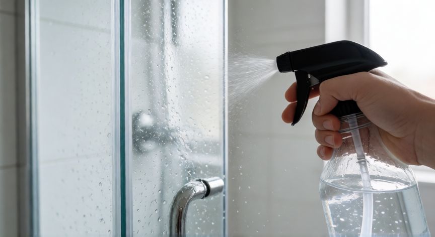 mejor producto para limpiar mampara de baño, Aplicando vinagre blanco sobre mampara de baño con pulverizador