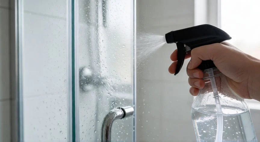 mejor producto para limpiar mampara de baño, Aplicando vinagre blanco sobre mampara de baño con pulverizador