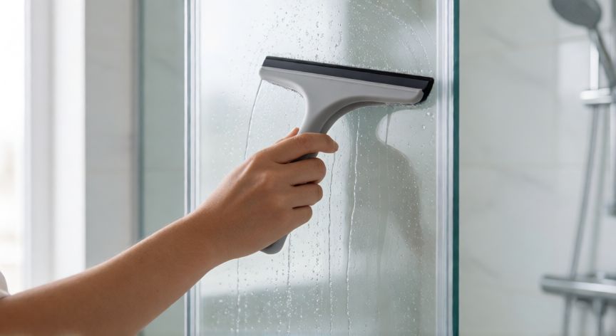 mejor producto para limpiar mampara de baño, Usando raspador de silicona en mampara de baño limpia