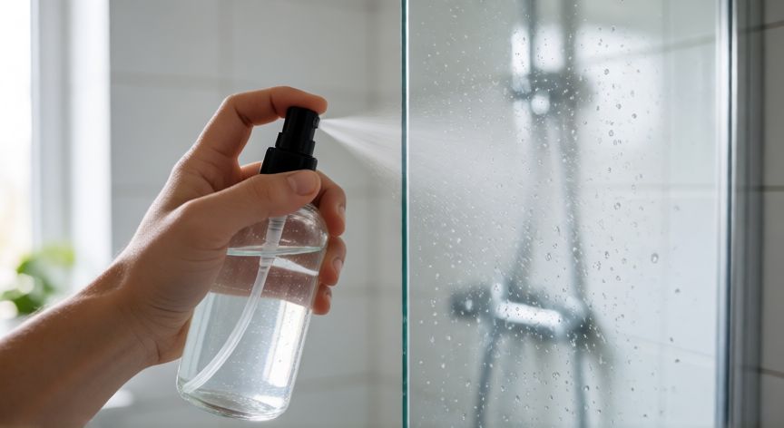 mejor producto para limpiar mampara de baño mercadona, Aplicando limpiador de vinagre en mampara de baño transparente