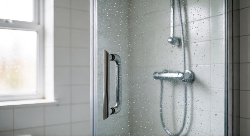 mejor producto para limpiar mamparas de ducha, Mampara de ducha limpia y transparente con gotas de agua en un baño moderno