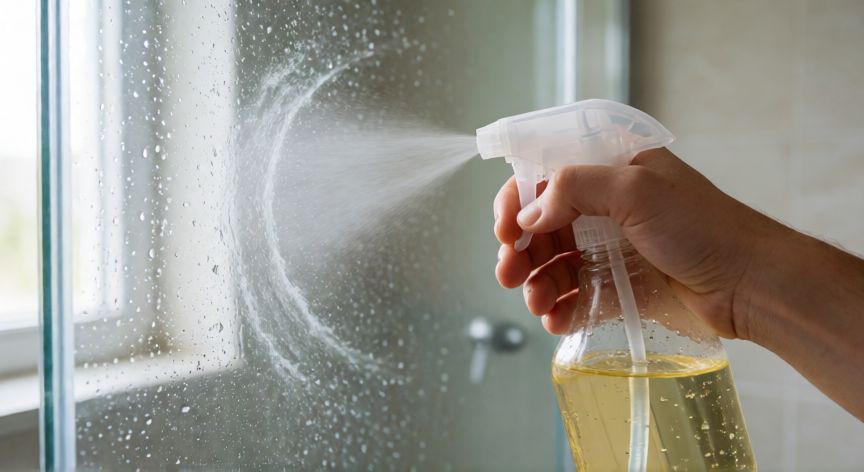 mejor producto para limpiar mamparas de ducha, Aplicando limpiador de vinagre sobre una mampara de ducha con manchas de cal