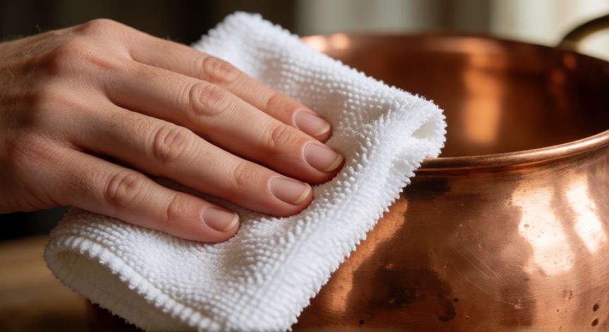 mejor producto para limpiar metales, Limpiando una olla de cobre con un paño de microfibra para restaurar su brillo original