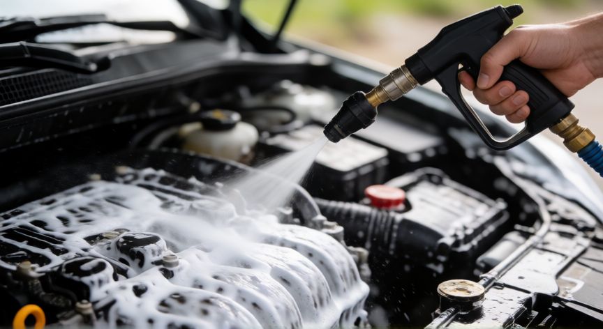 mejor producto para limpiar motor coche, Limpieza de motor de coche con espuma y agua a presión
