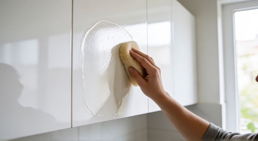 mejor producto para limpiar muebles blancos, Aplicando cera protectora en armario de cocina blanco