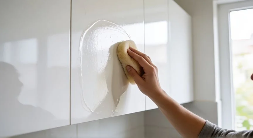 mejor producto para limpiar muebles blancos, Aplicando cera protectora en armario de cocina blanco