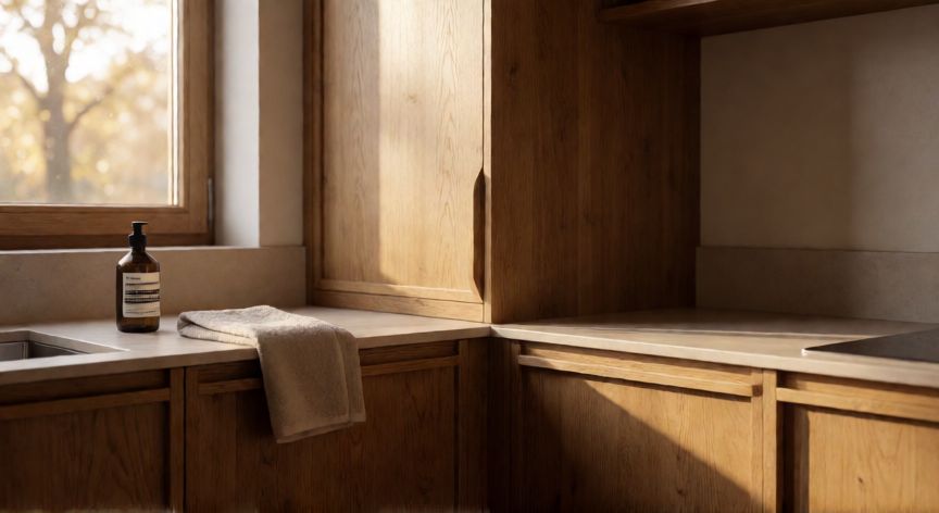 mejor producto para limpiar muebles de cocina, Muebles de cocina de madera con botella de jabón neutro al lado