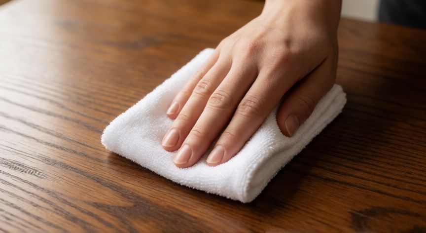 mejor producto para limpiar muebles de madera, Mano limpiando una mesa de madera con paño de microfibra