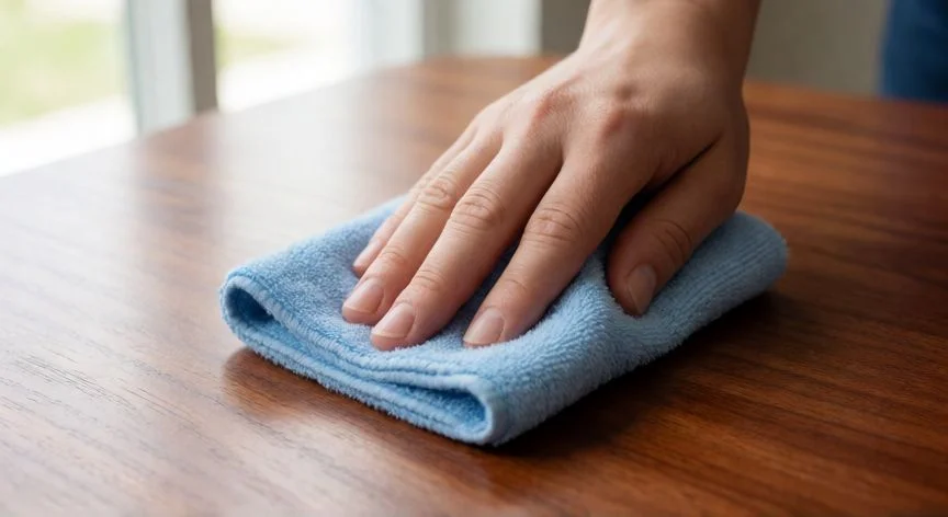 Limpieza de mesa de madera barnizada con paño de microfibra