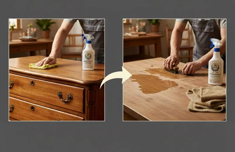 mejor producto para limpiar muebles de madera barnizada, Comparación entre el limpiado suave de un mueble barnizado con paño y spray abrillantador y el daño causado por frotar con estropajo sobre una mesa de madera