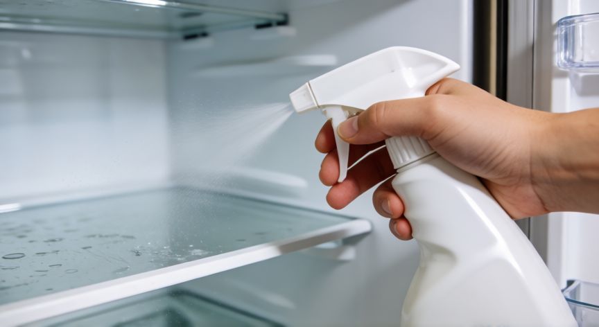 mejor producto para limpiar nevera, Mano aplicando limpiador en spray dentro de una nevera limpia