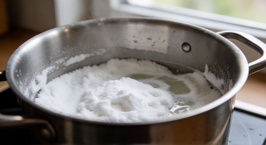 mejor producto para limpiar ollas quemadas, Olla de acero inoxidable limpiándose con bicarbonato y agua hirviendo para eliminar quemaduras