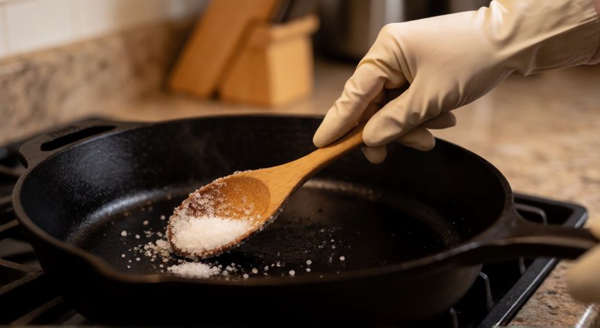 mejor producto para limpiar ollas quemadas, Personas frotando una olla de hierro fundido quemada con sal gruesa y utensilios de madera