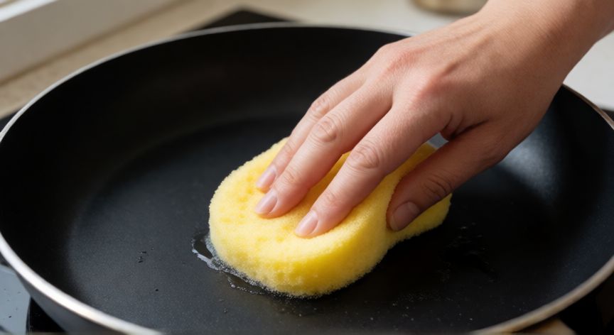 mejor producto para limpiar ollas y sartenes, Limpieza suave de sartén antiadherente con esponja