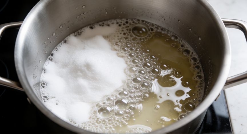 mejor producto para limpiar ollas y sartenes, Reacción de bicarbonato y vinagre en olla de acero