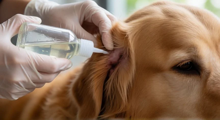 Veterinario aplicando limpiador de orejas en un perro dorado